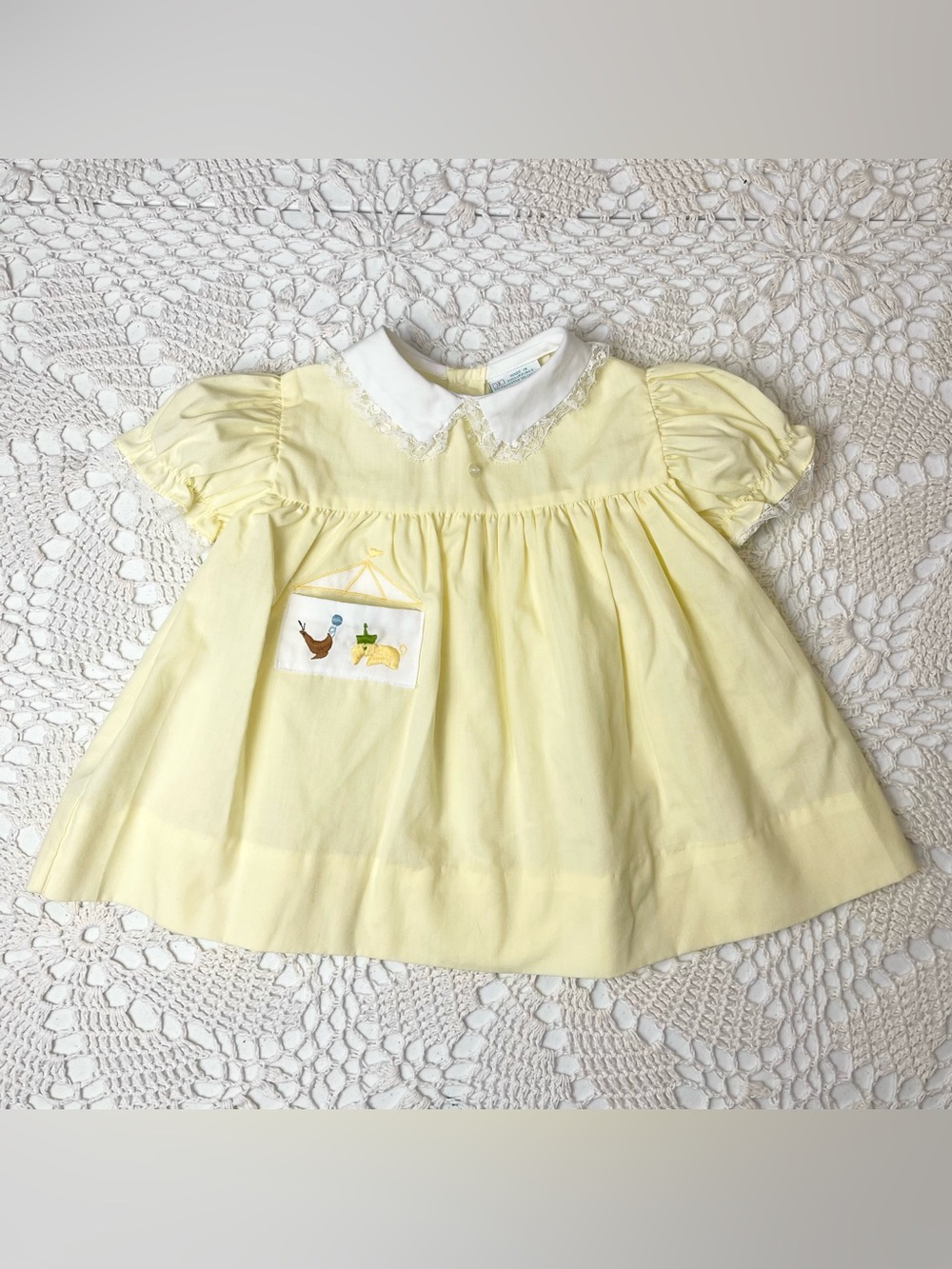 Vintage 1980s Cherubs Baby Girl 6-12 Months Yellow Circus Animals Collared Dress